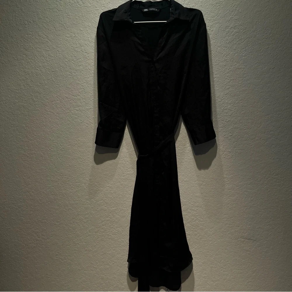 ZARA Satin Effect Black Shirt‎ Midi Dress size XS